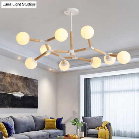 Nordic Handblown Glass Dining Room Chandelier Light With Wood Accent