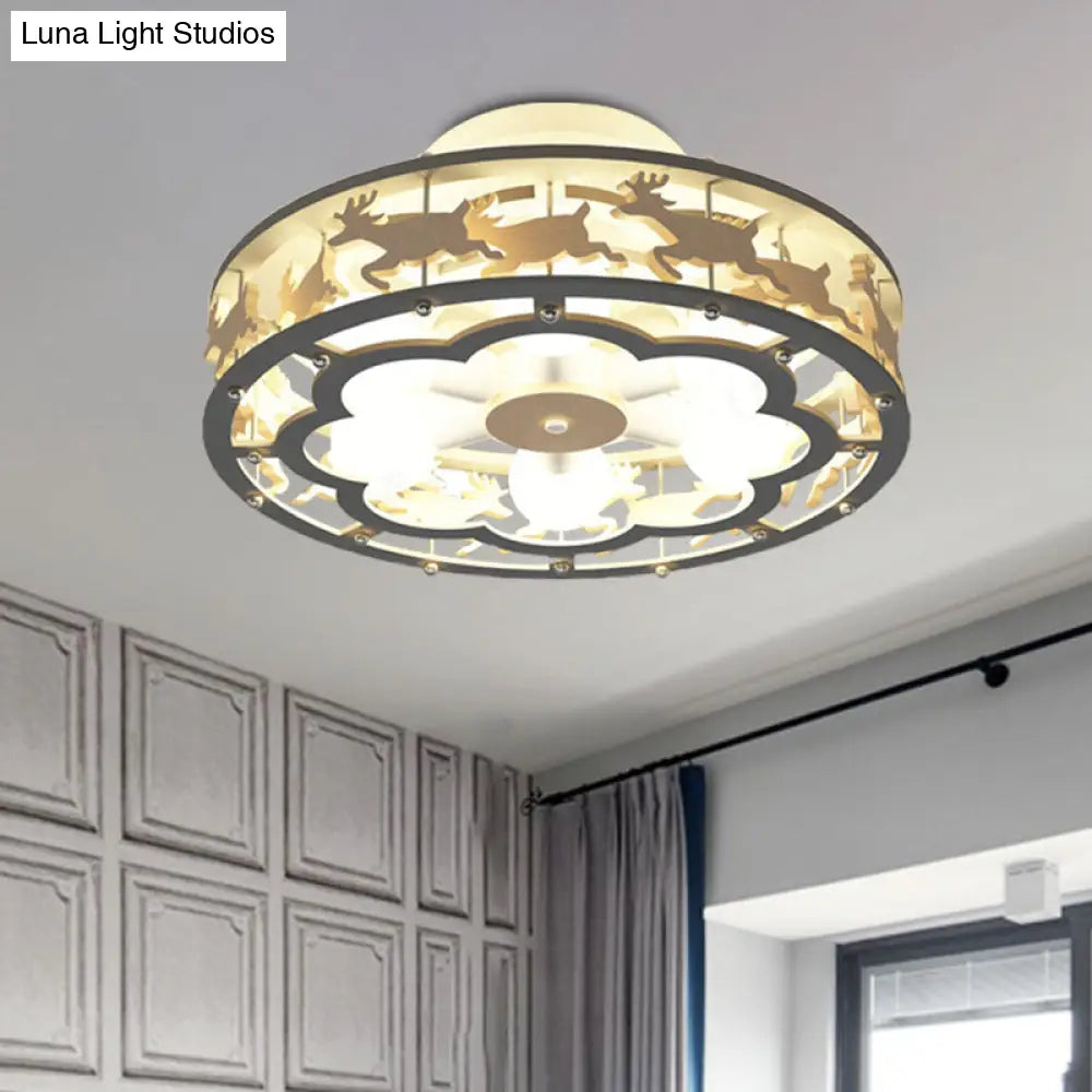 Nordic Iron Drum Ceiling Light Fixture 6-Bulb Semi Flush Mount Grey With Wood Elk Decor