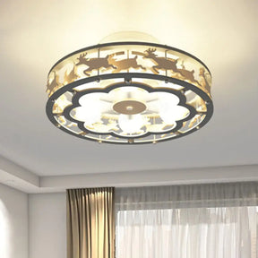 Nordic Iron Drum Ceiling Light Fixture 6-Bulb Semi Flush Mount Grey With Wood Elk Decor
