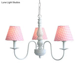Nordic Kids Chandelier - Restaurant Plaid Fabric Suspension Light With 3 Bulbs
