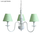 Nordic Kids Chandelier - Restaurant Plaid Fabric Suspension Light With 3 Bulbs