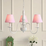 Nordic Kids Chandelier - Restaurant Plaid Fabric Suspension Light With 3 Bulbs Pink