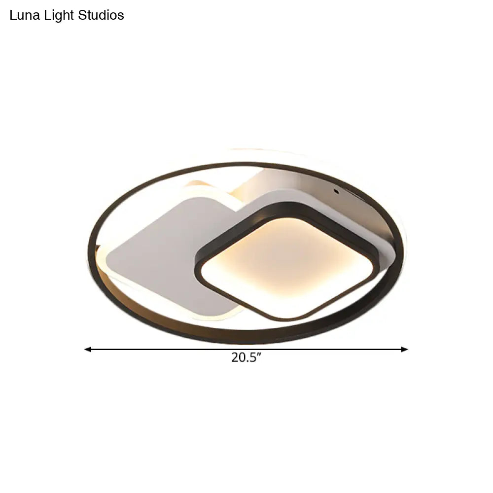 Nordic Led Aluminum Flush Mount Ceiling Fixture - Black Circle And Square Design Warm/White Light