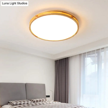 Nordic Led Beige Flush Mount Ceiling Light With Wooden Disc And Acrylic Diffuser