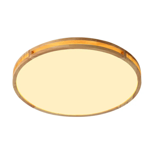 Nordic Led Beige Flush Mount Ceiling Light With Wooden Disc And Acrylic Diffuser