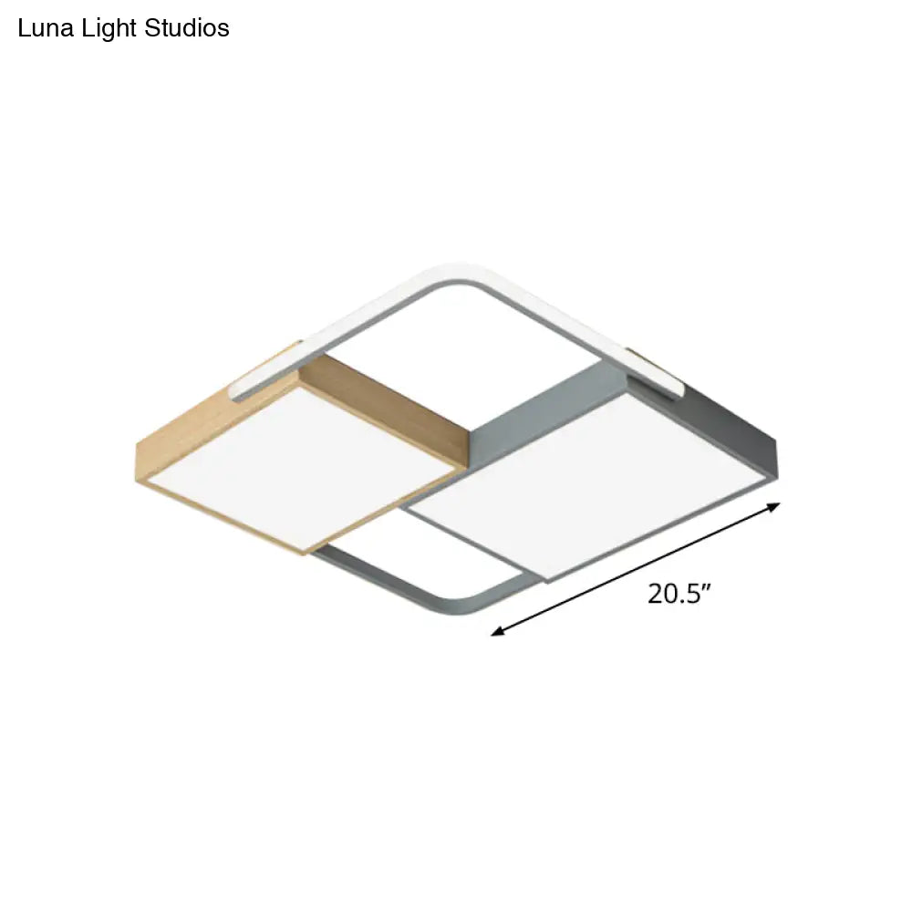 Nordic Led Ceiling Light - 20.5’ X 34’ Acrylic Grey & Wood Flush Mount With Grid Design Warm/White