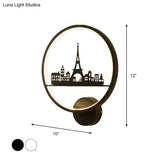 Nordic Led Wall Lamp With Eiffel Tower Or Couple Pattern - White/Black Metal Round Mural Fixture