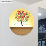 Nordic Led Wall Light With Wood Tree And Animal/Flowering Print Design Acrylic Shade Included