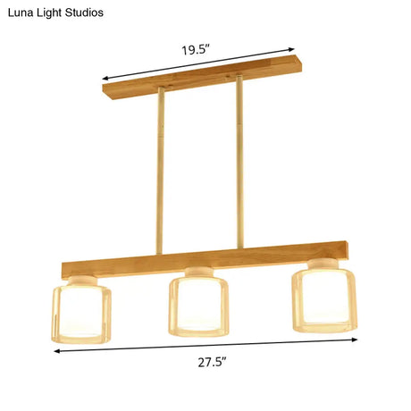 Nordic Linear Wood Island Light With White Glass Shades - 3/4 Heads Dining Room Hanging Lamp