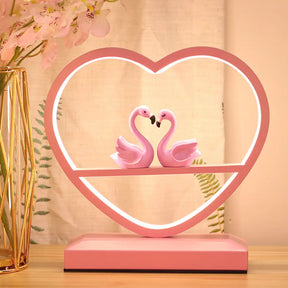 Nordic Loving Heart Led Table Lamp For Sleeping Room - Metallic Pink With Swan Deco
