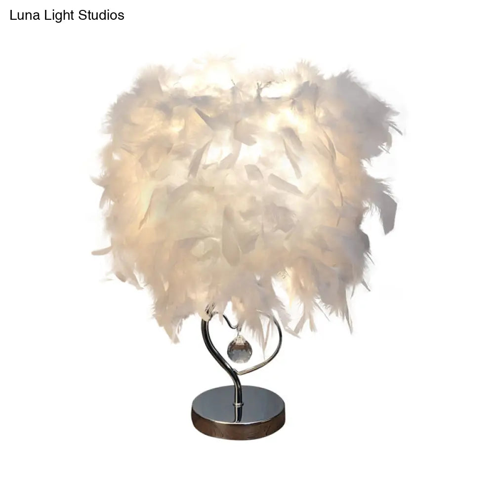 Nordic Loving Heart Night Light Feather Table Lamp In Red/Blue/White - Crystal Decor 1 Bulb For