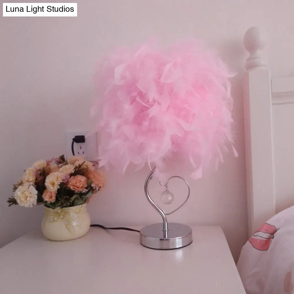 Nordic Loving Heart Night Light Feather Table Lamp In Red/Blue/White - Crystal Decor 1 Bulb For