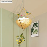 Nordic Metal 3-Light Birds Nest Chandelier - Beige Hanging Light With Rhombus Frame And Egg Shade
