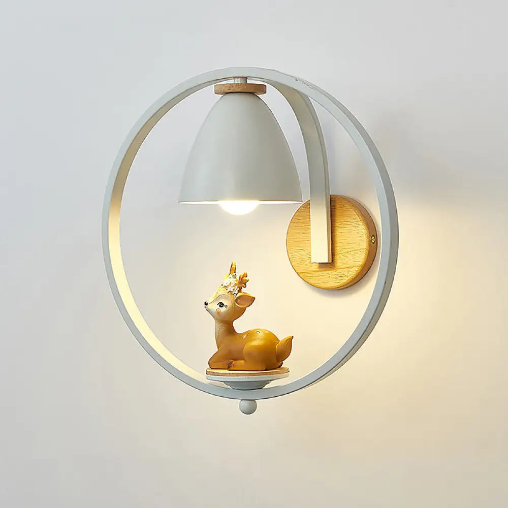 Nordic Metal Bell Wall Lamp - White Sconce Lighting With Ring And Figurine Deco / Deer