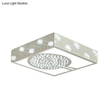 Nordic Metal Led Bedroom Ceiling Lamp - Square Box Flush Mount With Crystal Bead & Tree Pattern