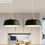 Nordic Metal Pendant Lamp With Wood Top And 1 Light - Flat-Bowl Shape In Black White