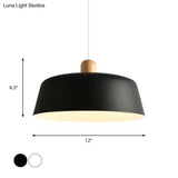 Nordic Metal Pendant Lamp With Wood Top And 1 Light - Flat-Bowl Shape In Black White