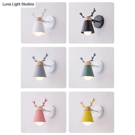 Nordic Metal Rotating Cone Shade Sconce Lighting With Antler Deco - 1-Light Kids Room Reading Light