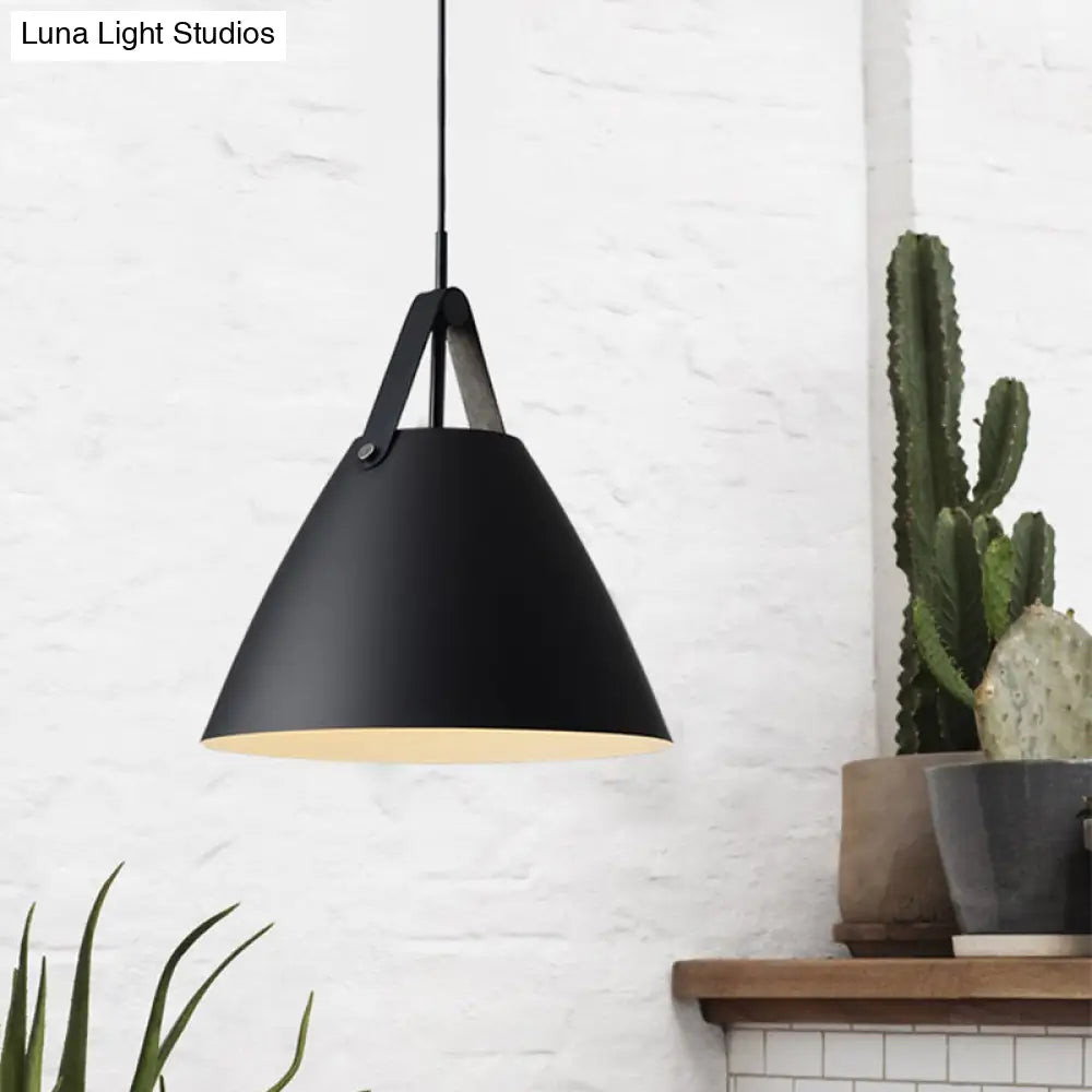 Nordic Metal Truncated Cone Pendant With Leather Strap - 1-Light Suspension Lighting (10.5/14 W)