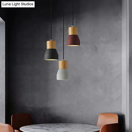 Nordic Mini Pendant Light With Cement Shade And Wood Top - Single-Bulb Ceiling Fixture For
