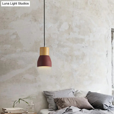 Nordic Mini Pendant Light With Cement Shade And Wood Top - Single-Bulb Ceiling Fixture For