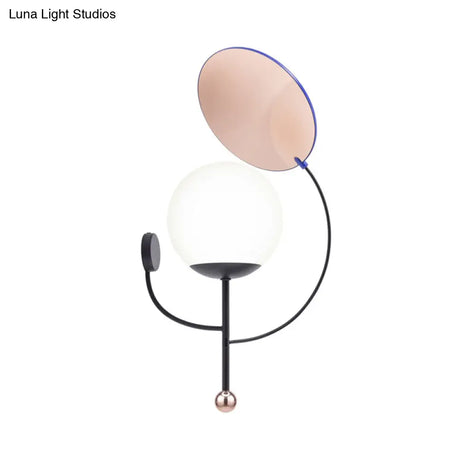 Nordic Opal Glass Wall Sconce With Round Mirror - 1-Head Bedroom Light Fixture (Black)
