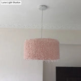 Nordic Pink/White Feathered Pendant Lamp - 1 Bulb Cylindrical/Drum Design 5.5’/8’/14’ Width