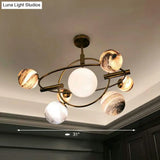 Nordic Planet Chandelier - White-Stained Glass Hanging Light Fixture In Brass Ideal For Restaurants