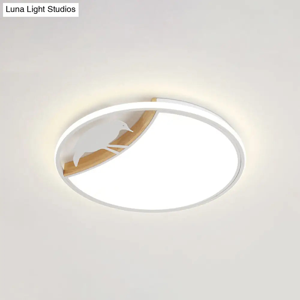 Nordic Round Led Flush Mount With Bird Deco - White/Grey/Green Acrylic Fixture