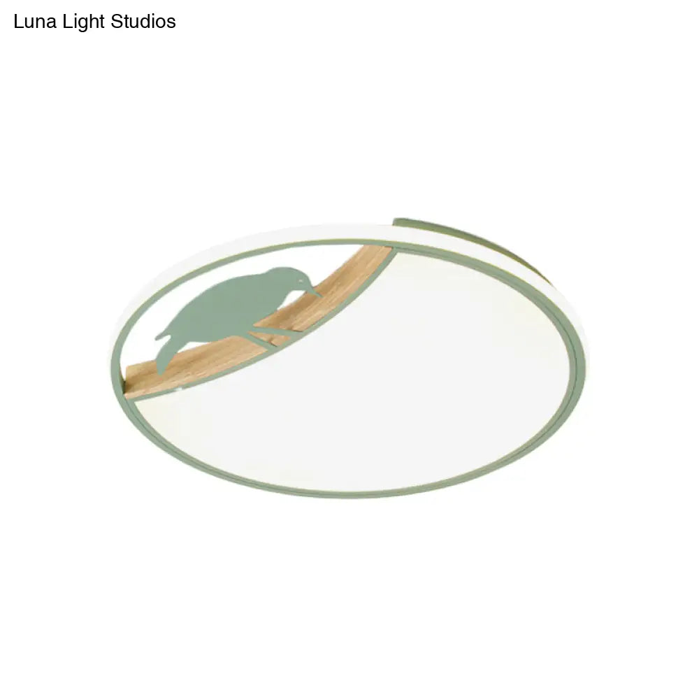 Nordic Round Led Flush Mount With Bird Deco - White/Grey/Green Acrylic Fixture