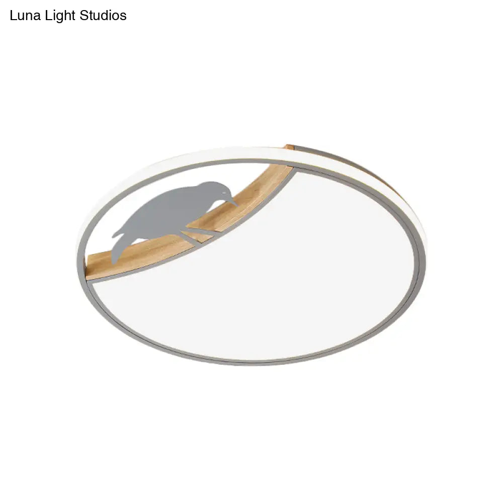 Nordic Round Led Flush Mount With Bird Deco - White/Grey/Green Acrylic Fixture