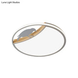 Nordic Round Led Flush Mount With Bird Deco - White/Grey/Green Acrylic Fixture