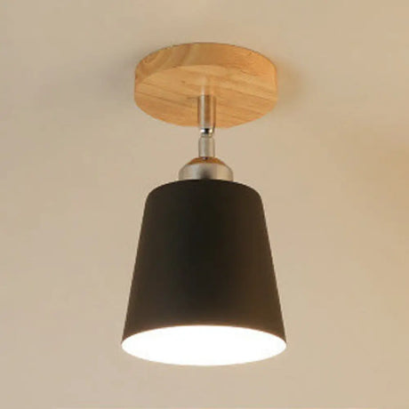 Nordic Semi-Flush Mount Ceiling Light With Tapered Shade In Black/White – 1 Bulb Wooden Canopy Black