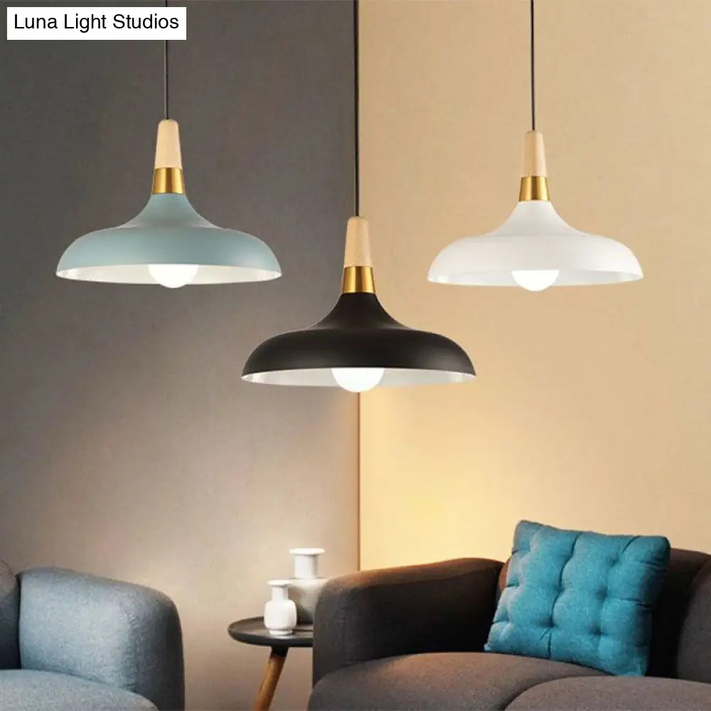 Nordic Single Pendant With Wood Top And Metallic Pot-Lid Suspension For Dining Room Lighting