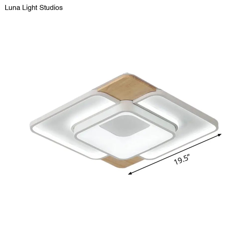 Nordic Square Flushmount Acrylic Led Ceiling Light White - Wood Finish 16’/19.5’ Wide Warm Or