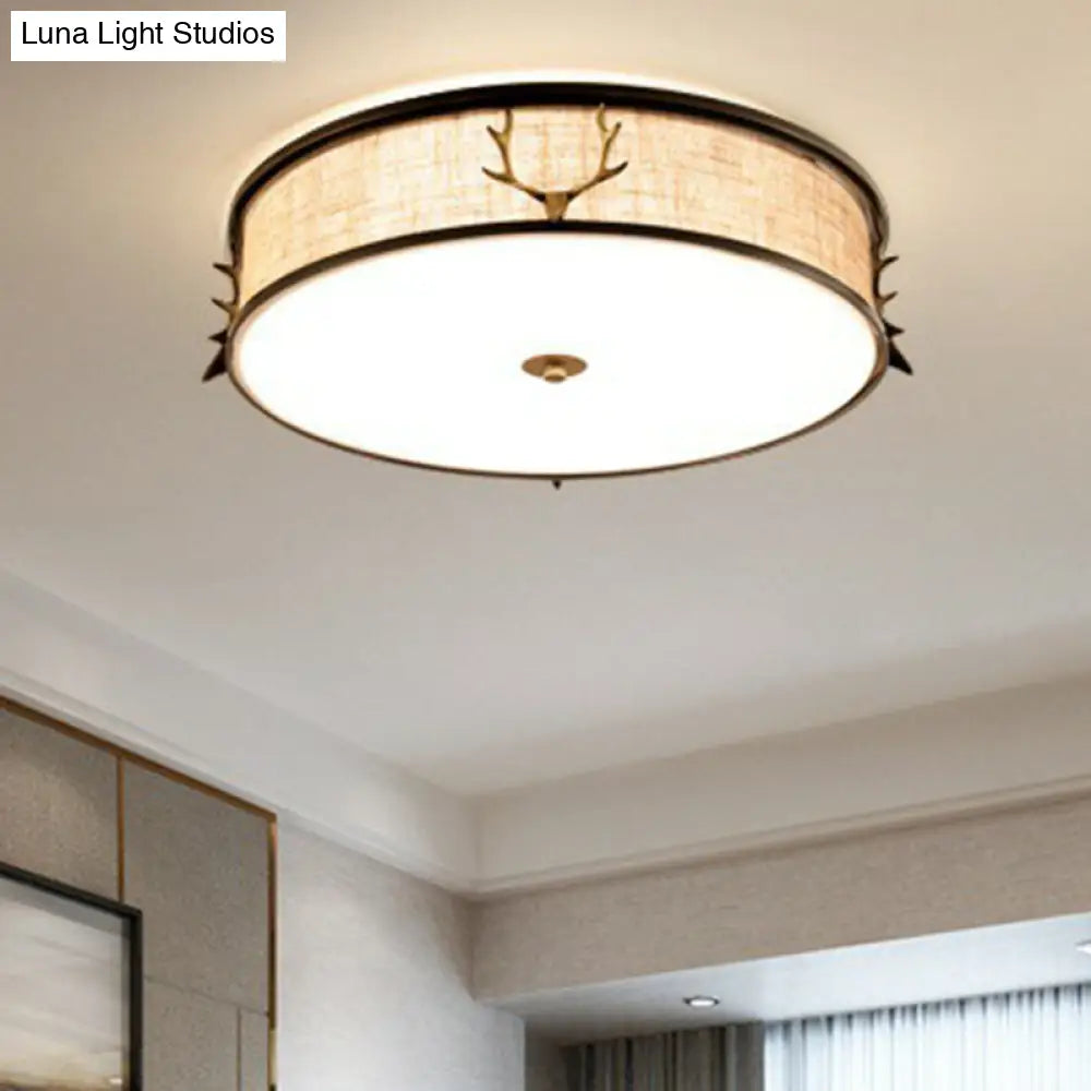 Nordic Style Ceiling Flush Light With Decorative Antler Design For Foyer - Fabric Drum