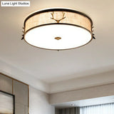 Nordic Style Ceiling Flush Light With Decorative Antler Design For Foyer - Fabric Drum