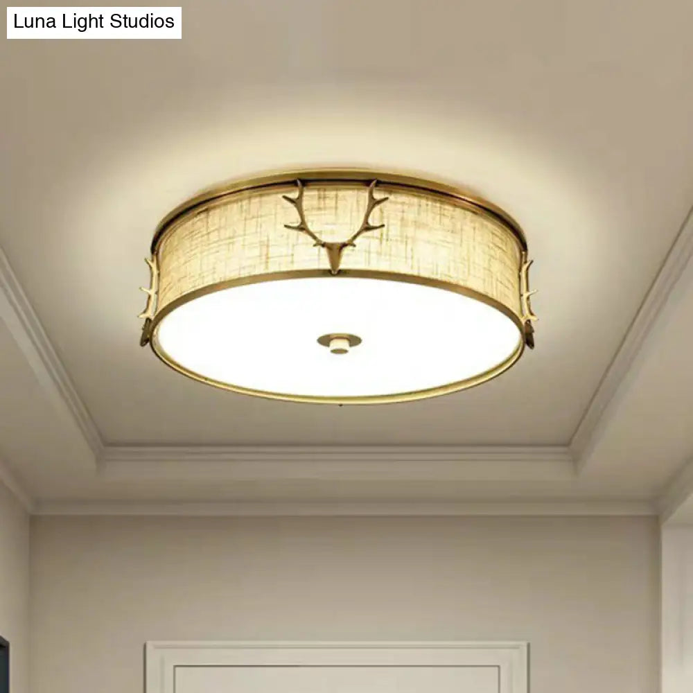 Nordic Style Ceiling Flush Light With Decorative Antler Design For Foyer - Fabric Drum