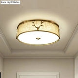 Nordic Style Ceiling Flush Light With Decorative Antler Design For Foyer - Fabric Drum