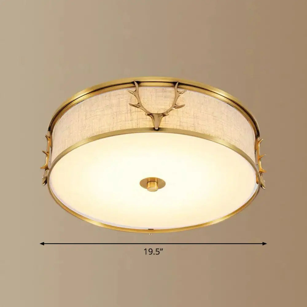 Nordic Style Ceiling Flush Light With Decorative Antler Design For Foyer - Fabric Drum Brass / 19.5’