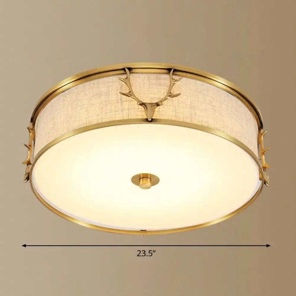 Nordic Style Ceiling Flush Light With Decorative Antler Design For Foyer - Fabric Drum Brass / 23.5’