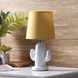 Nordic Style Ceramic Cactus Table Lamp - Single Head White Desk Lighting With Yellow Fabric Shade