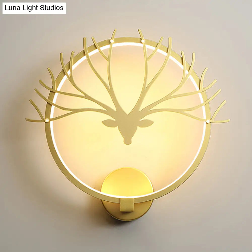 Nordic Style Circular Elk Deer Head Wall Lamp - Metal Led Black/Gold Mural Light For Bedside