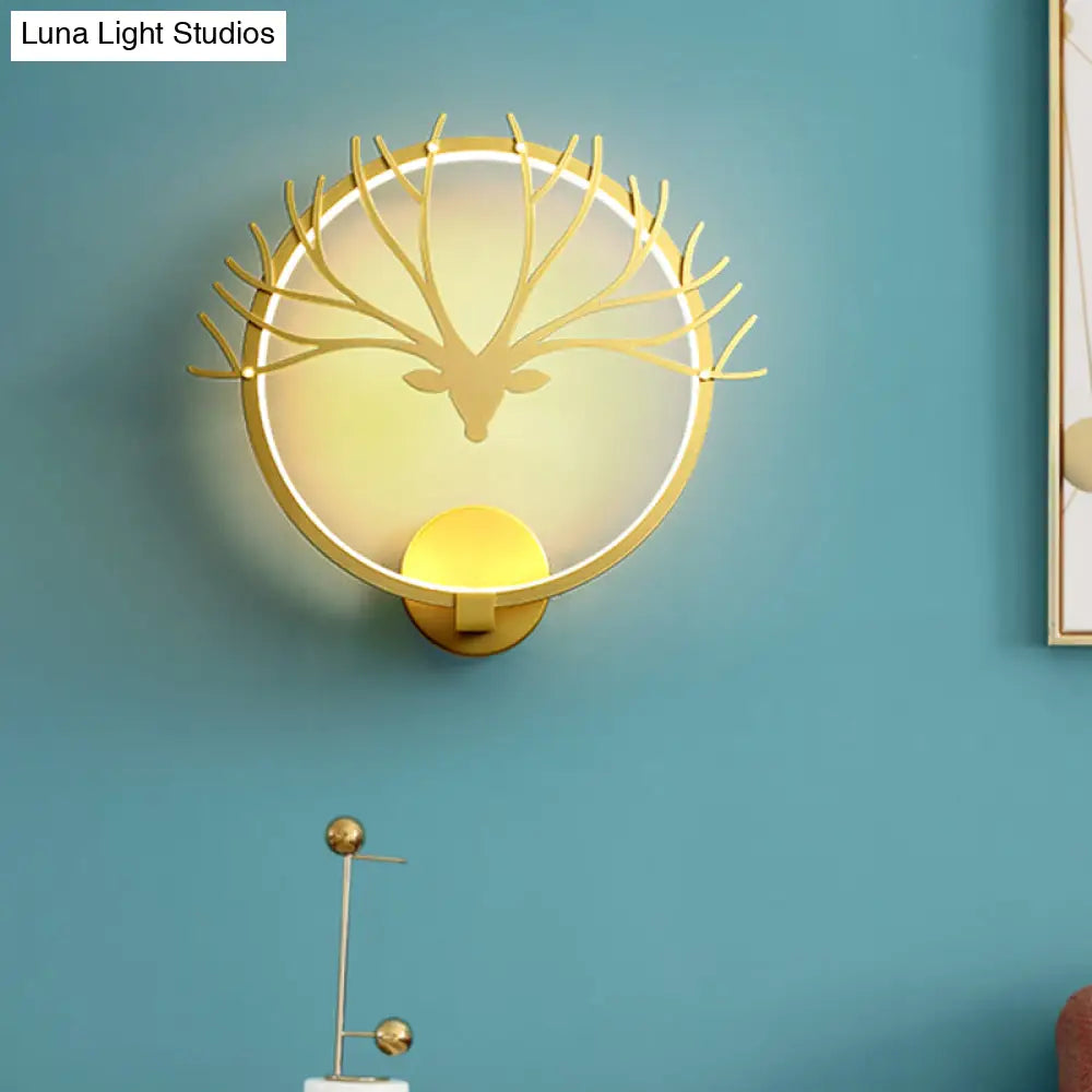 Nordic Style Circular Elk Deer Head Wall Lamp - Metal Led Black/Gold Mural Light For Bedside