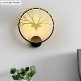 Nordic Style Circular Elk Deer Head Wall Lamp - Metal Led Black/Gold Mural Light For Bedside