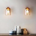 Nordic Style Cognac Glass Wall Sconce Fixture - Minimalist Wood 1-Light Cylinder Light