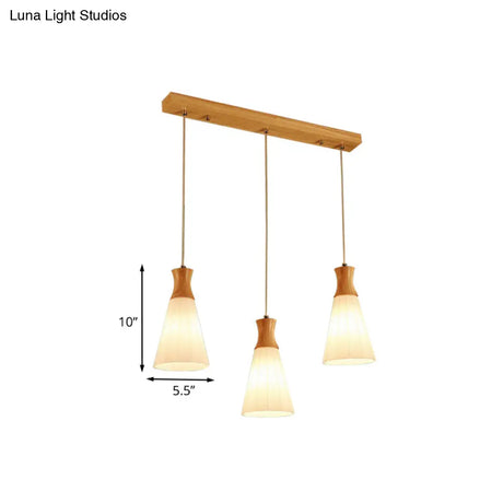 Nordic Style Conic Pendant Lamp With Ribbed Glass And Wood Hangings - 3 Lights White Linear/Round