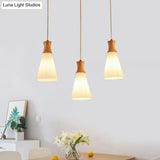 Nordic Style Conic Pendant Lamp With Ribbed Glass And Wood Hangings - 3 Lights White Linear/Round