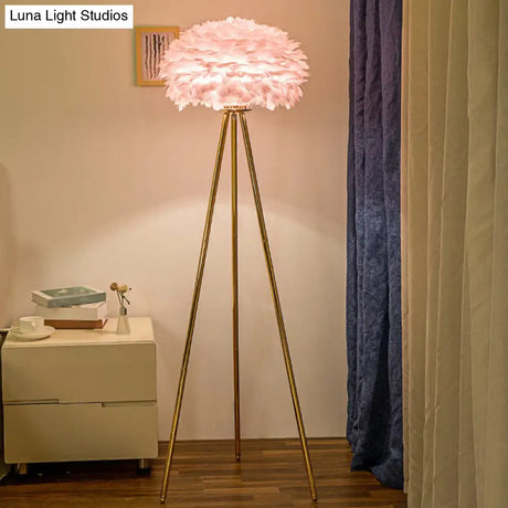 Nordic Style Feather Dome Bedside Floor Lamp - Brass Tripod 1 Head