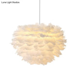 Nordic Style Feather Round Pendant Ceiling Light In White - Single-Bulb Suspension Lighting